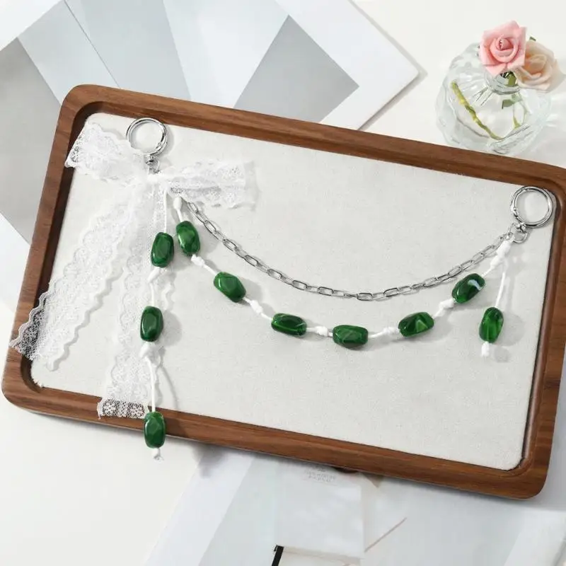 195C Beaded Keychain with Acrylic Faux-Stone Beads and White Lace Accent, 2 Spring-Gate Rings for Keys or Bag Charm Use