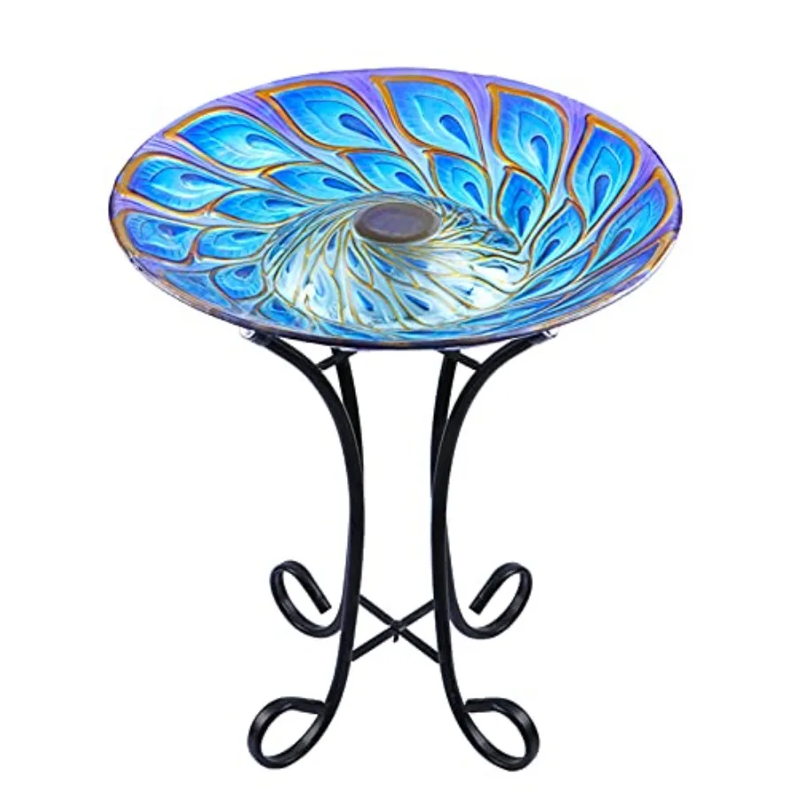 

Outdoor Glass Bird Bath Solar Birdbaths with Metal Stand for Lawn Yard Garden Peacock Decor,18” Dia 21.65” Height