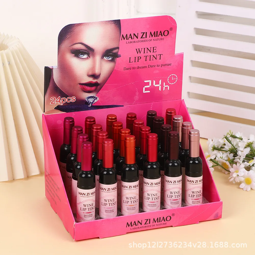 24Pcs Lip Tint 6 colors Waterproof Red Wine Lip Stain Long Lasting Matte Liquid Wine Bottle Lipstick for Women Makeup
