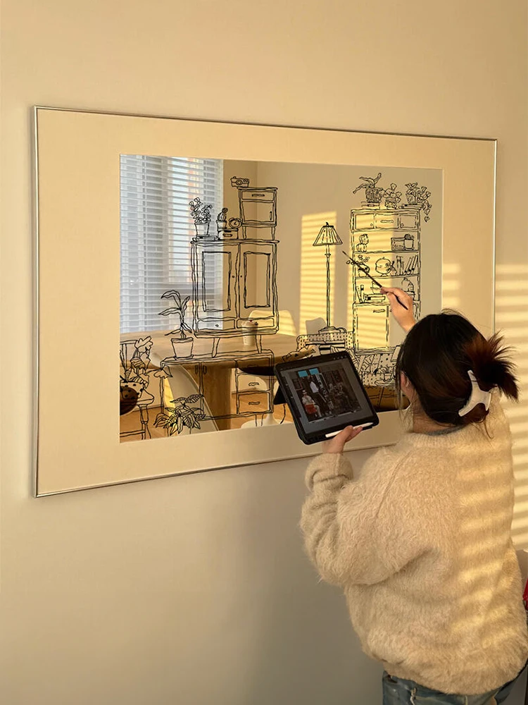 

Modern Luxury Horizontal Mirror Art Coffee Shop Decorative Painting Light Cream Style Tea Restaurant Metal Framed Wall Art