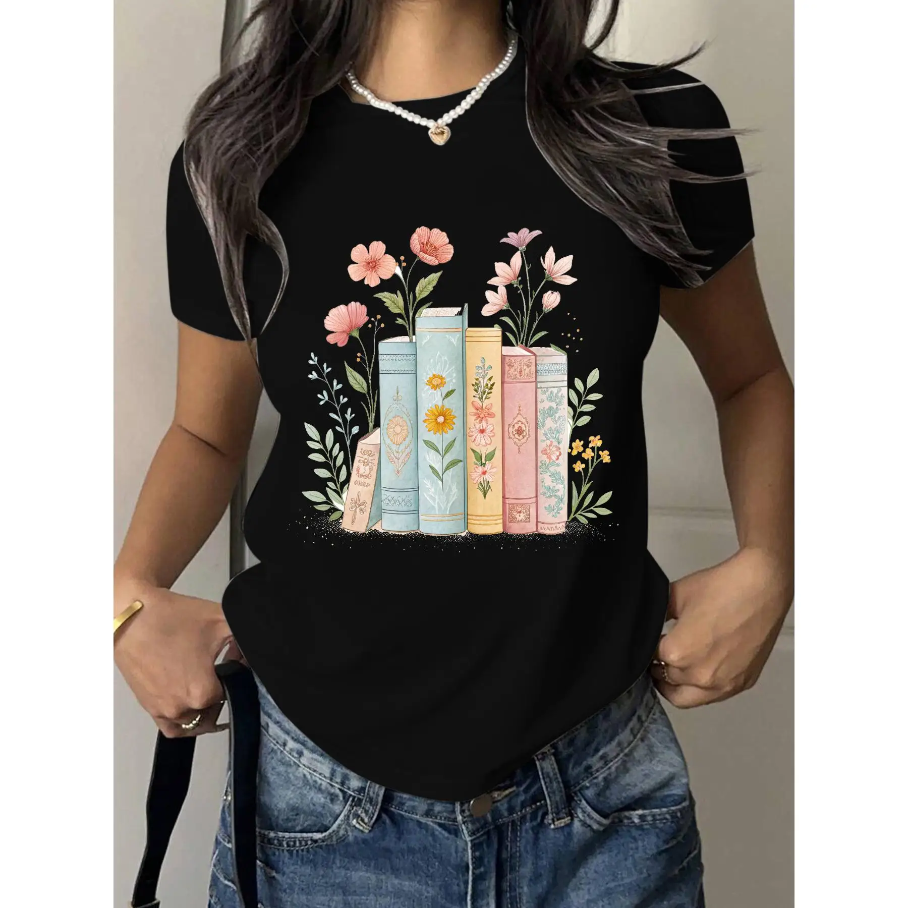 

Floral Books T-Shirt Bookworm Graphic Tee Womens Garden Reading Apparel Unique Librarian Gift Book Lover Top