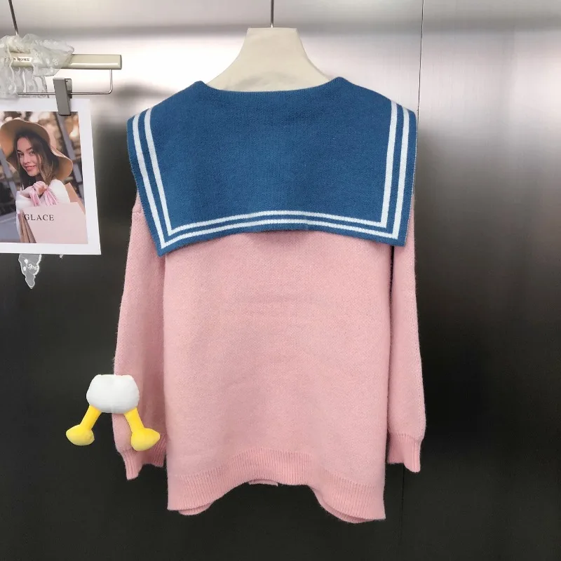 New Japanese College Style Age-Reducing Tie Color-Block Cartoon Jacquard Loose Pullover Sweater Ladies Y2k Long-sleeves Knitwear
