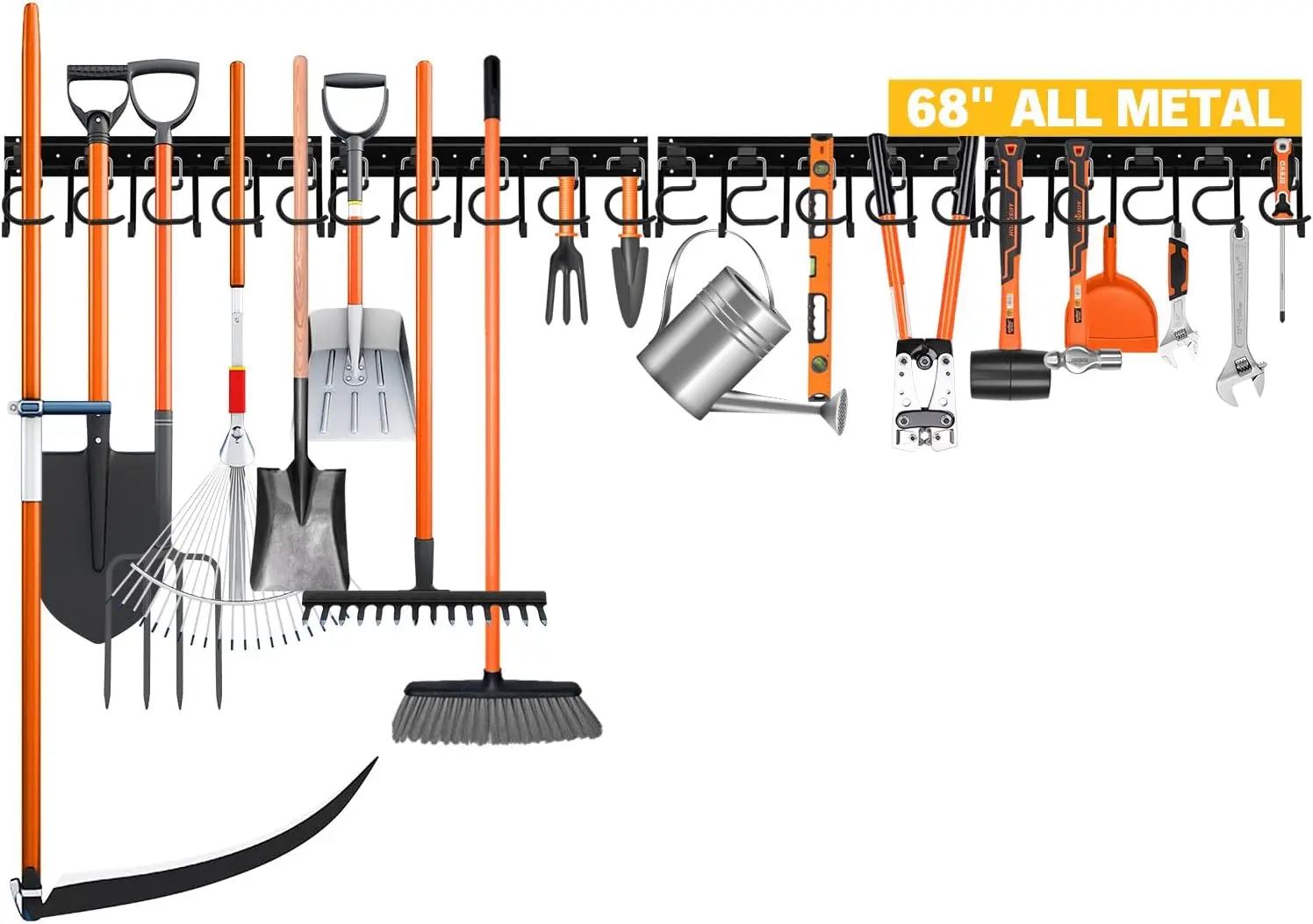 

68'' All Metal Adjustable Garden Tool Organizer Wall Mount with Black Hooks, Garage Storage for Shed