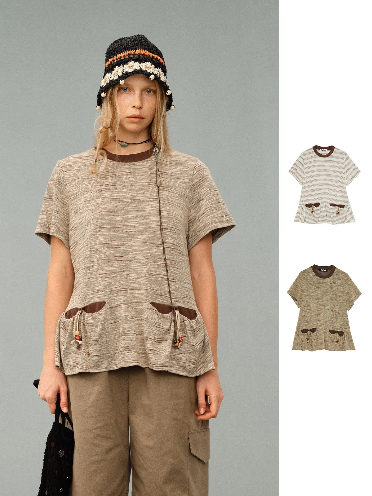 

New Brand ket Decorated T-irt AUBRUINO Casual Cotton ort Sve round Ne Top for Young Women Daily Wear