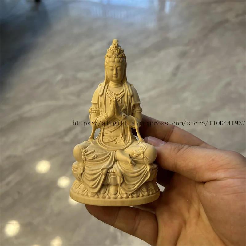 

Резная статуя Будды Гуаньинь из желтого сандалового дерева ручной работы для украшения дома и поклонения, небольшой орнамент и миниатюрная модель
