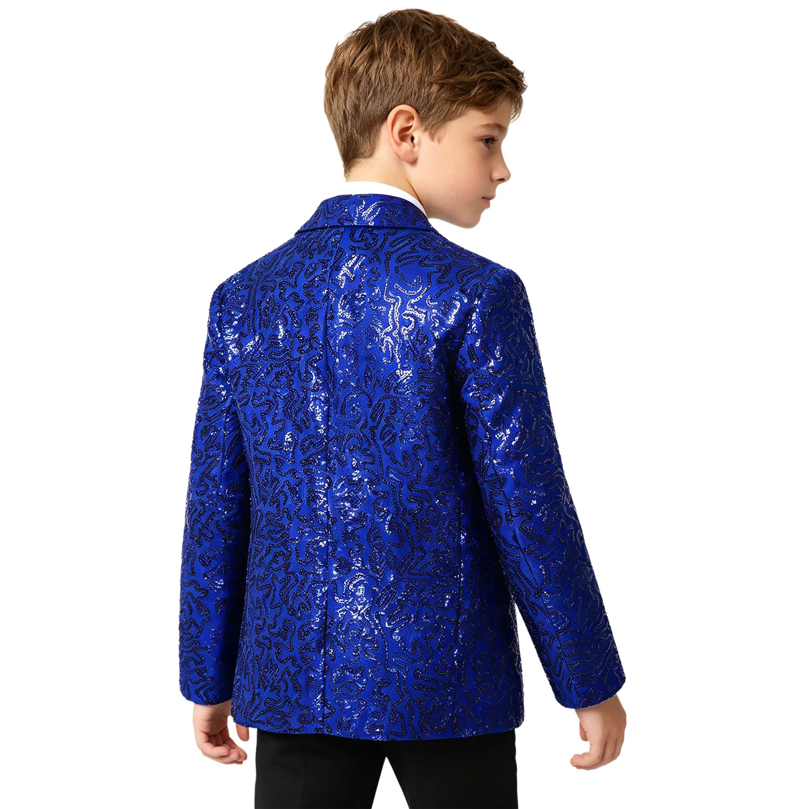 Kinder Jungen Jazz Dance Oberteile Performance Kostüm Glänzende Pailletten Glitzer Revers Einknopf-Anzugjacke Blazer Festival Smoking Jacke – Detail 14