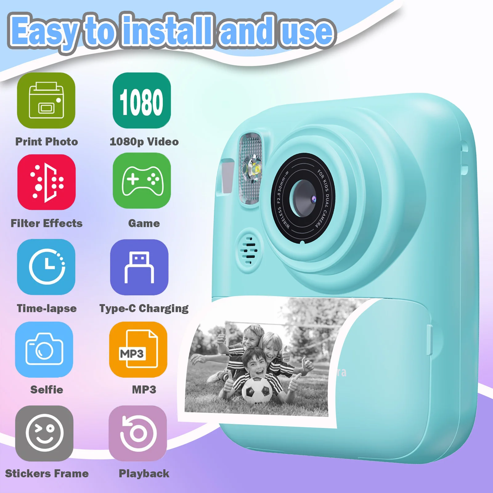 Instant Print Camera Digital Camera With 3 Rolls Print Paper, 1080P HD Ditigal Camera 2.4 Inch Screen, Selfie Video Camera, USB Cable/Color Pen/Bag/ Included, electronics，Small For Boys Girls Teens Students Seniors，Christmas, Halloween, Thanksgiving Gifts view 2