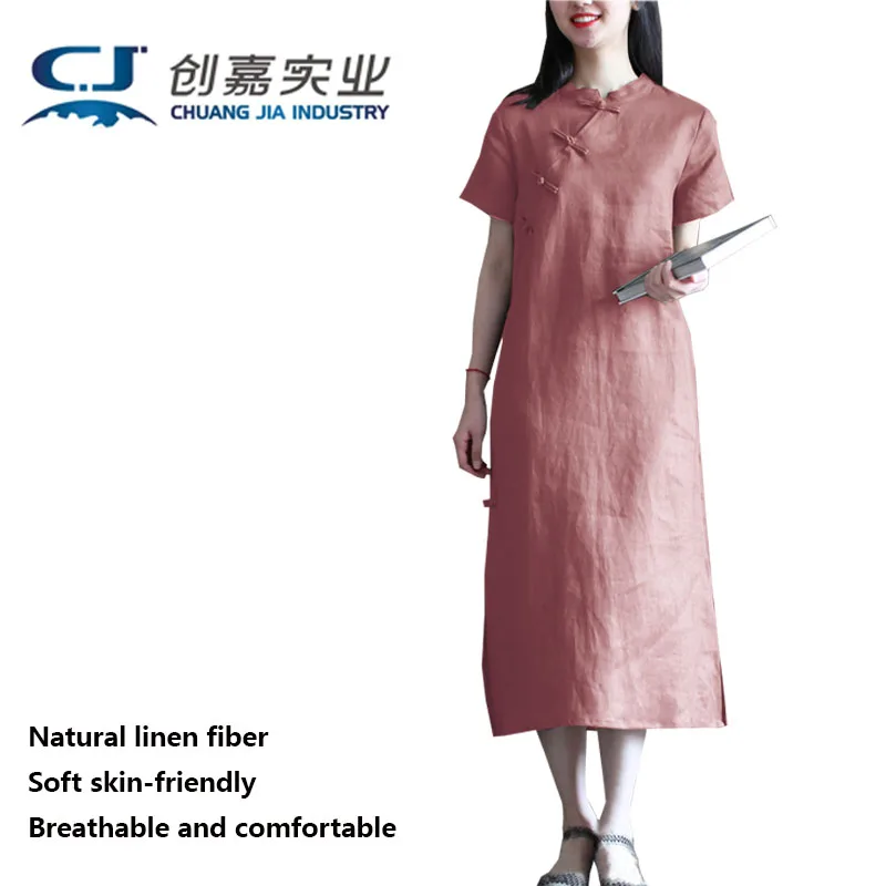 Linen Summer Women's Short-sleeved Stand-up Collar Dress Retro Chinese Style Improved Cheongsam Literary Loose A-line Skirt 3XL