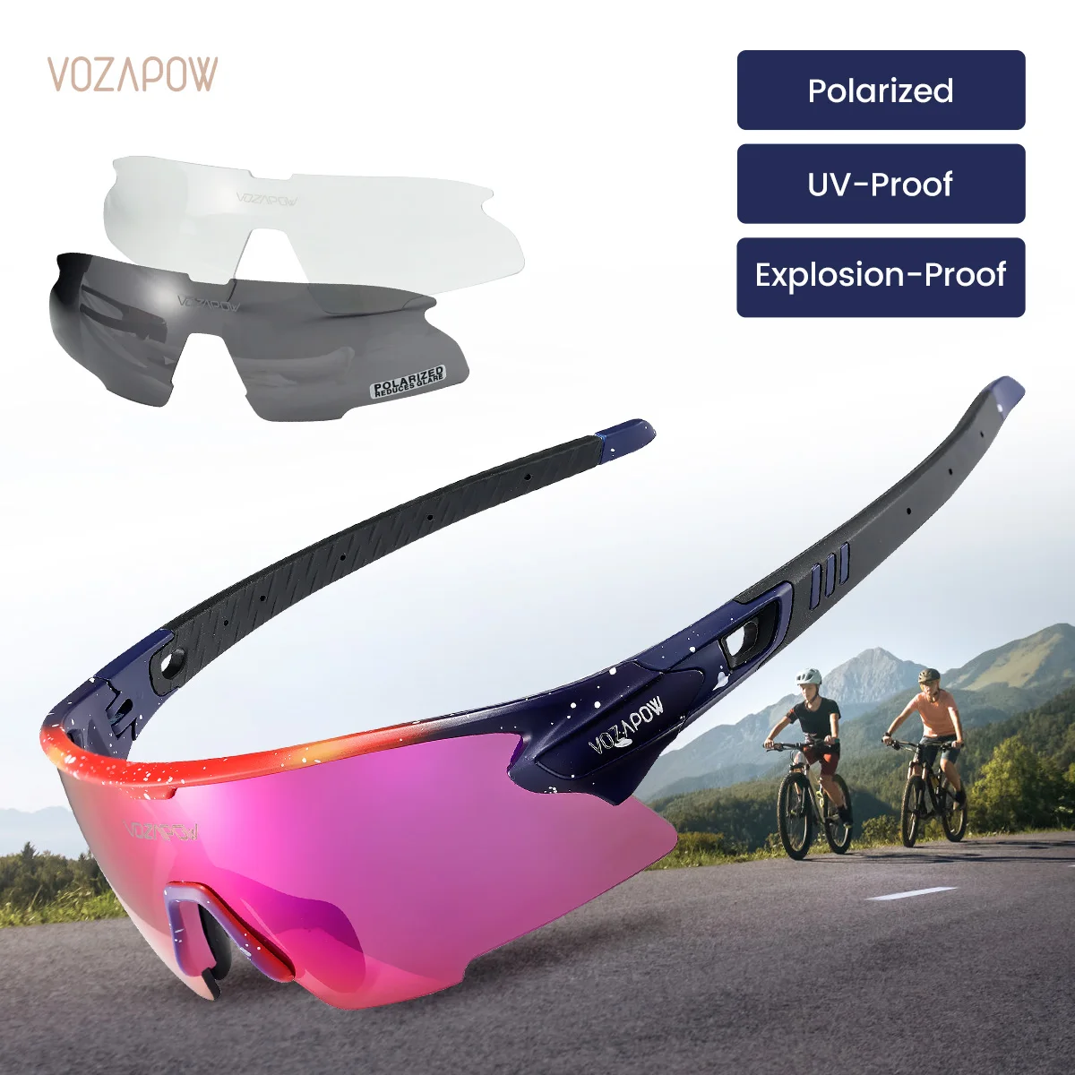 Vozapow 2Pcs Polarized UV400 Cycling Sunglasses For Men Bike Eyewear Women Bicycle Goggle Outdoor Riding Running Glasses 3 Lens