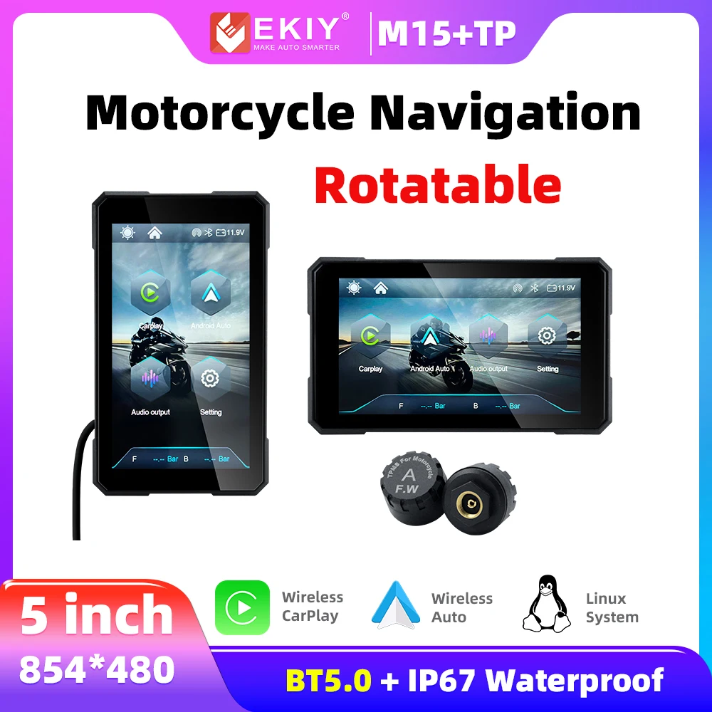 EKIY 5 inch Rotatable Motorcycle Screen Navigation Motorcycle Waterproof Wireless Android Auto Apple Carplay Display Monitor
