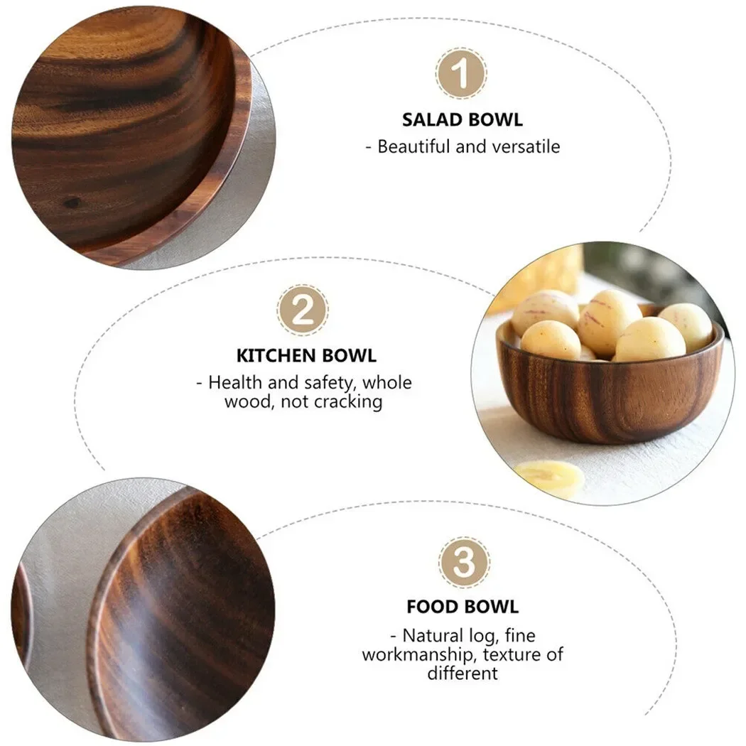 Wooden Salad Bowl, Portable and Washable, Anti Fall Design, Natural Log, Fine Workmanship, Suitable for Soup and Rice