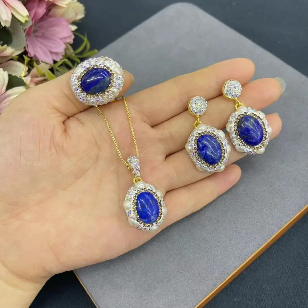 

Natural Lapis Lazuli Inlaid with Baroque Pearls Women's Jewelry Set, Ladies' Simple Clothing Matched with Exquisite Accessories