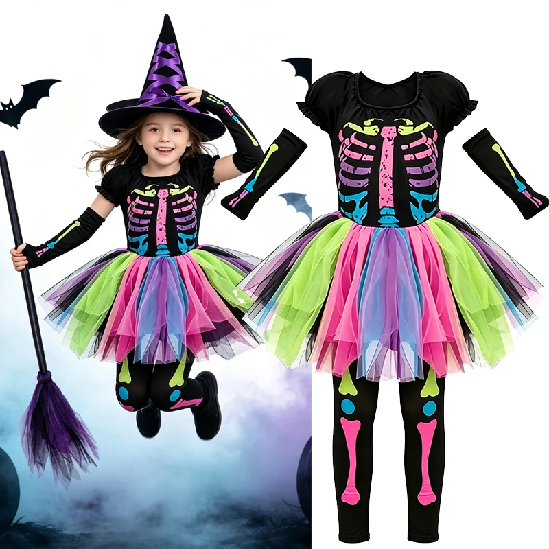 Kids Halloween Witch Outfit Girls Color Skeleton Pattern Tutu Dress Leggings Hat Broom Necklace Candy Bag Party Fancy Dress Set