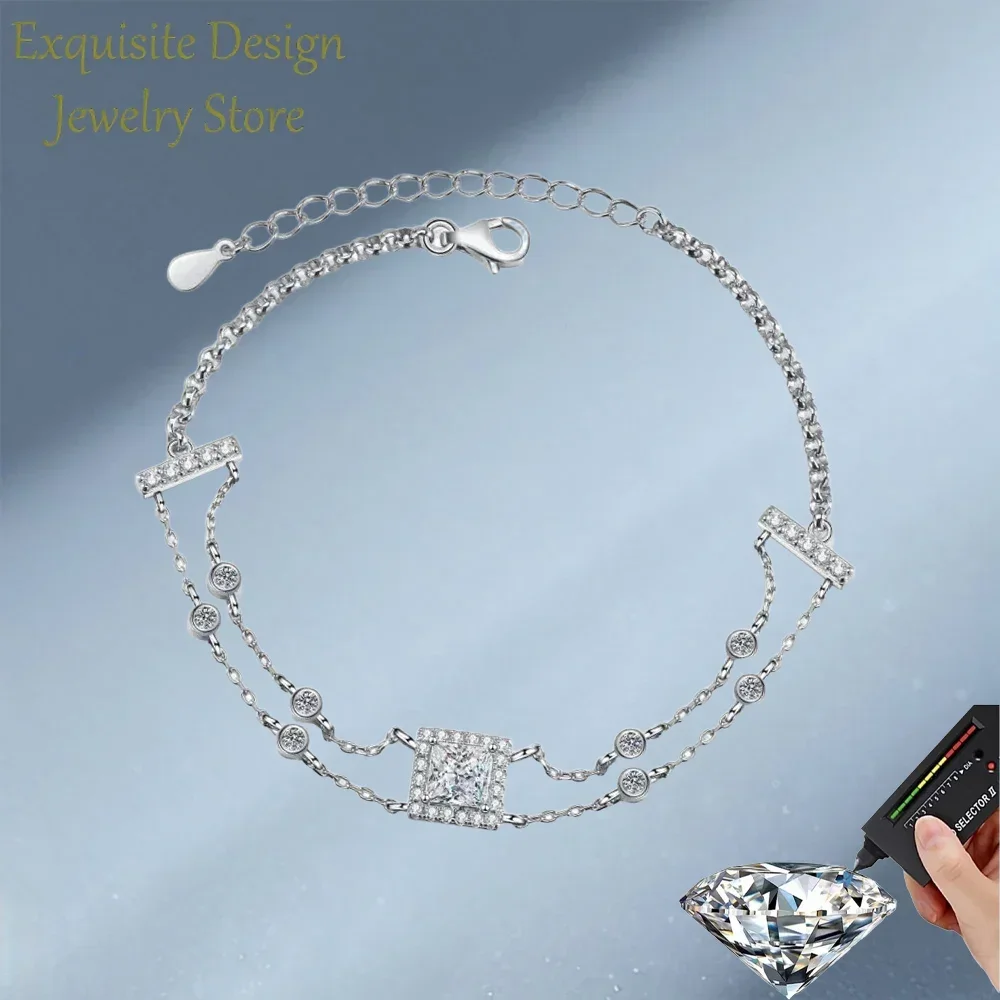 

Изысканный дизайн, ручная работа, квадратный браслет с двойной цепочкой, платина PT950, 1 карат муассанит, простой браслет для женщин, ювелирные изделия