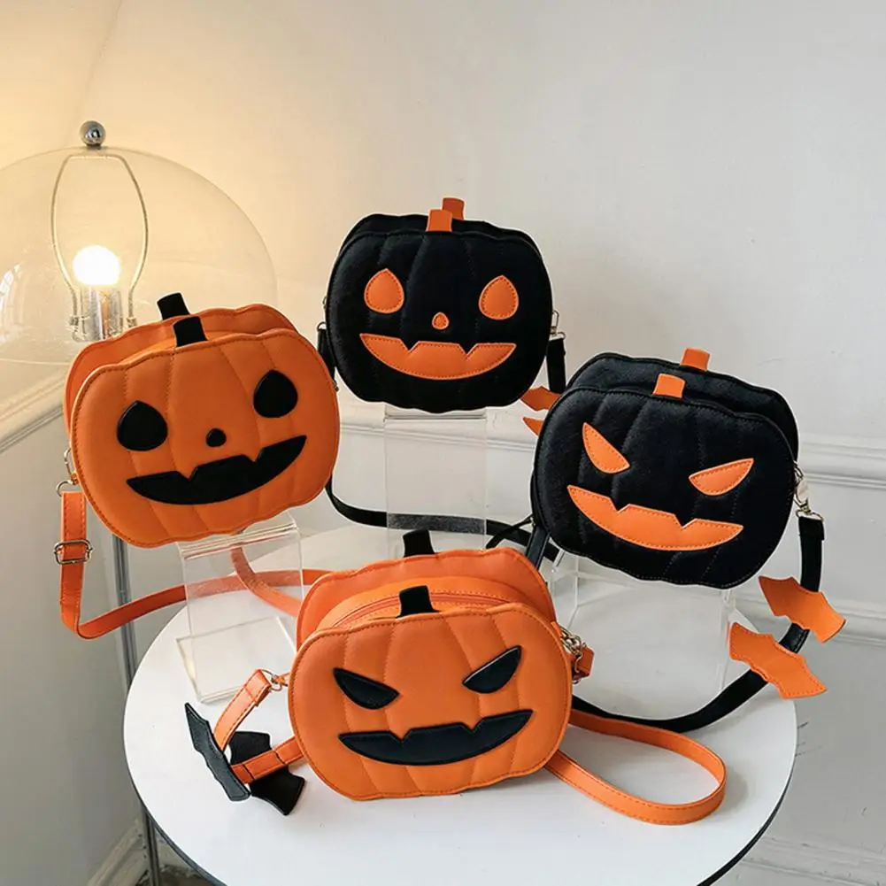 Women Tote Bag Spooky Halloween Crossbody Bag with Pumpkin Shape Demon Bat Design Adjustable Strap Zipper Closure for Travel