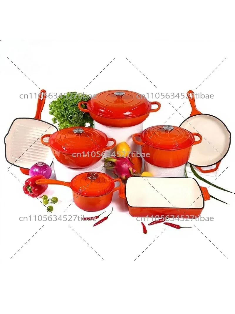 Cast Iron Enamel Cookware Set, 7-Piece Nonstick Pot and Pan Set with 24cm Soup Pot and Frying Pan