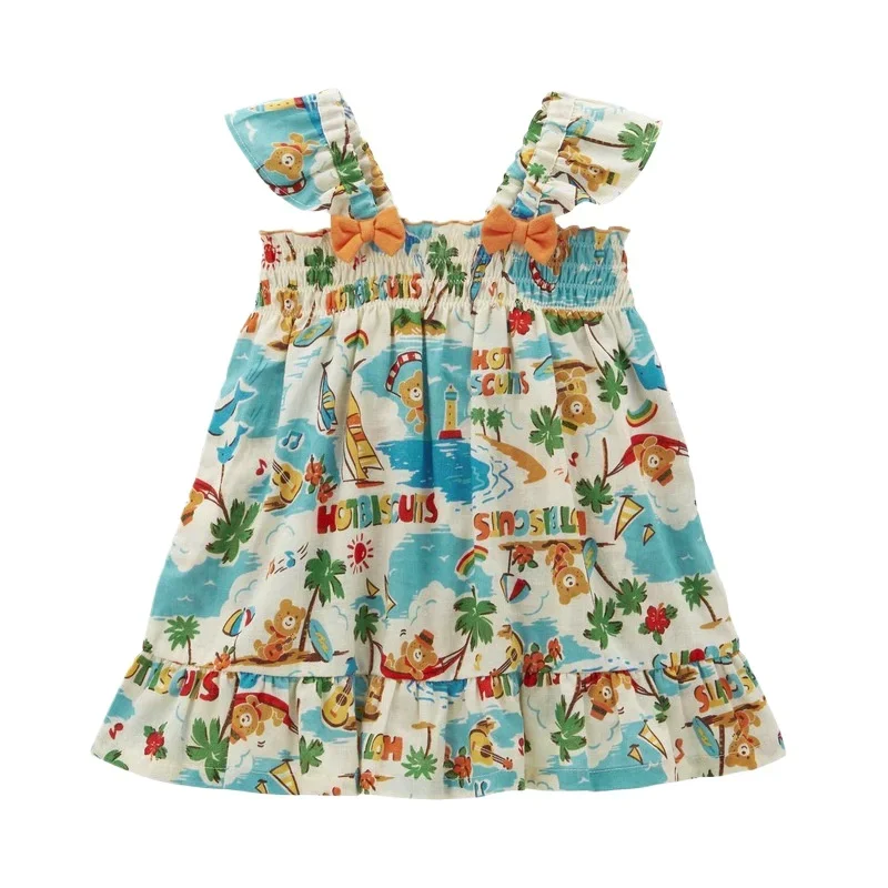 Kids Dresses for Girls Sundress Summer New Pockmarked Bear Resort Style Dress Strap Skirt