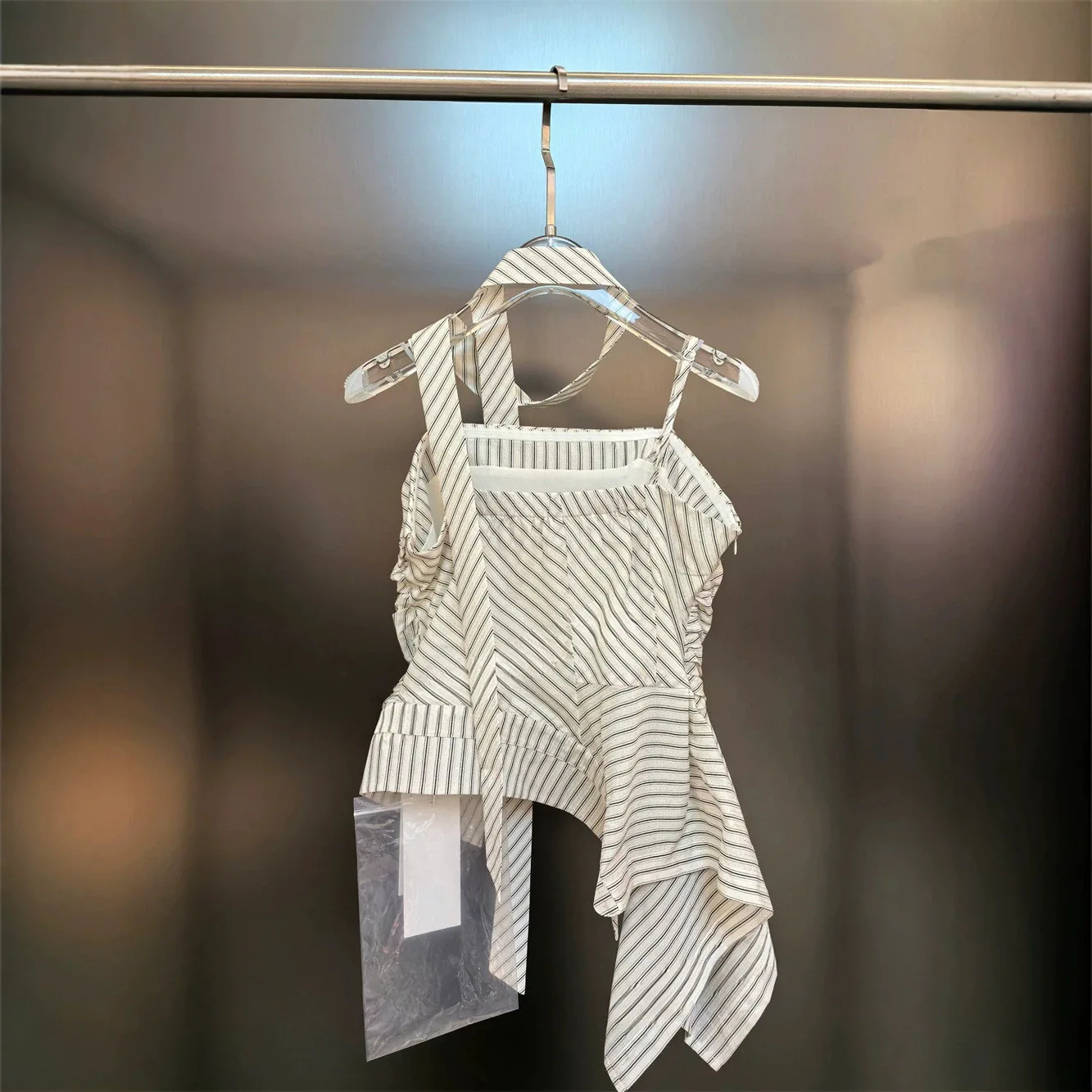 2026 Summer Women Striped Halter Neck Sling Tops Irregular Hem Waist Cinching Slim Fit Tank Tops Fashion Lady Casual Blouses