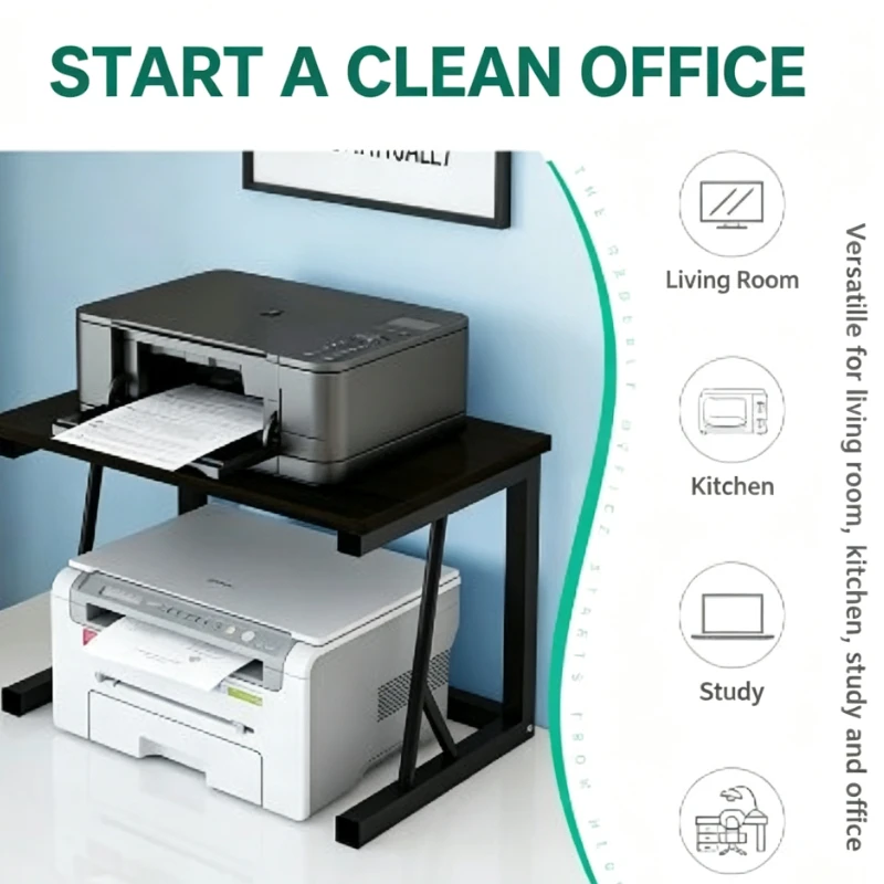 Desktop Printer Stand Shelf 2 Tier Metal Wood Storage Rack for Office Copier Organizer