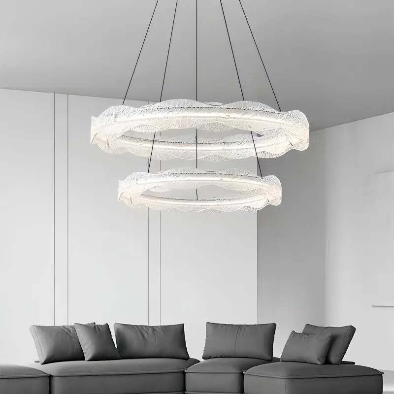 

Italian minimalist living room, platinum resin, modern light luxury, atmospheric ring chandelier