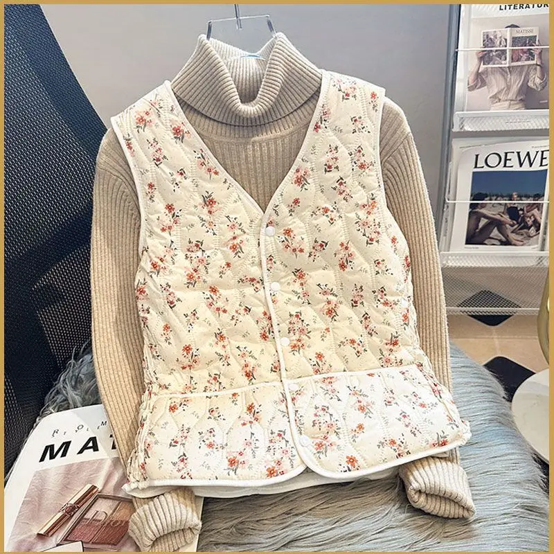 Large Size Cute Floral Aesthetic Warm Fleece Lined Quilted Vest Jackets Women Casual Sleeveless Padded Gilet Winter Outerwear