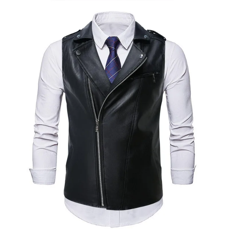 Spring and Autumn Men's Fashion Zipper Vest Locomotive Vest Lapel Pu Leather Sleeveless Jacket