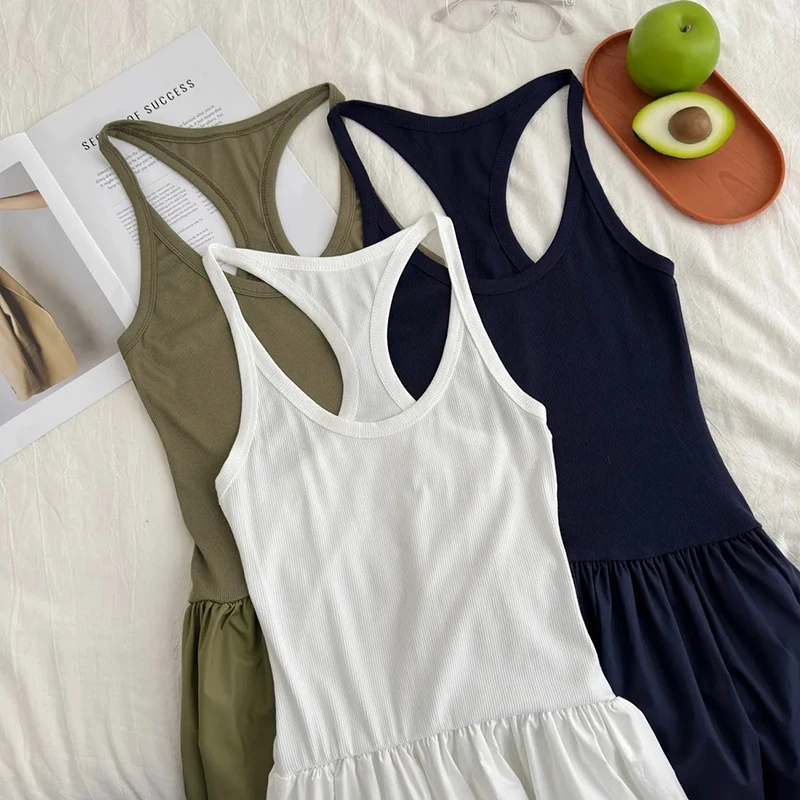 ฤดูร้อน Hepburn สไตล์ Camis ชุดผู้หญิงเกาหลีเซ็กซี่ U คอ Midi ชุด Y2K เอวสูง Patchwork Night Party Vestidos