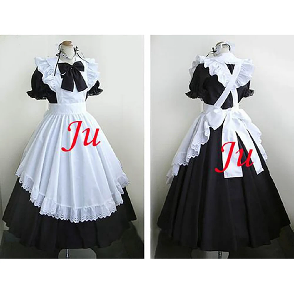 fondcosplay adult sexy cross dressing sissy maid long black Cotton Long Dress Uniform white apron Costume CD/TV[CK738]