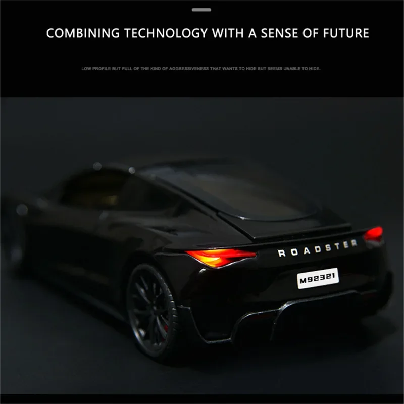 Tesla Roadster Alloy Sport Car Model, brinquedo Diecast Metal, Toy Concept Racing Car, luz e som de simulação, presentes infantis, 1:24