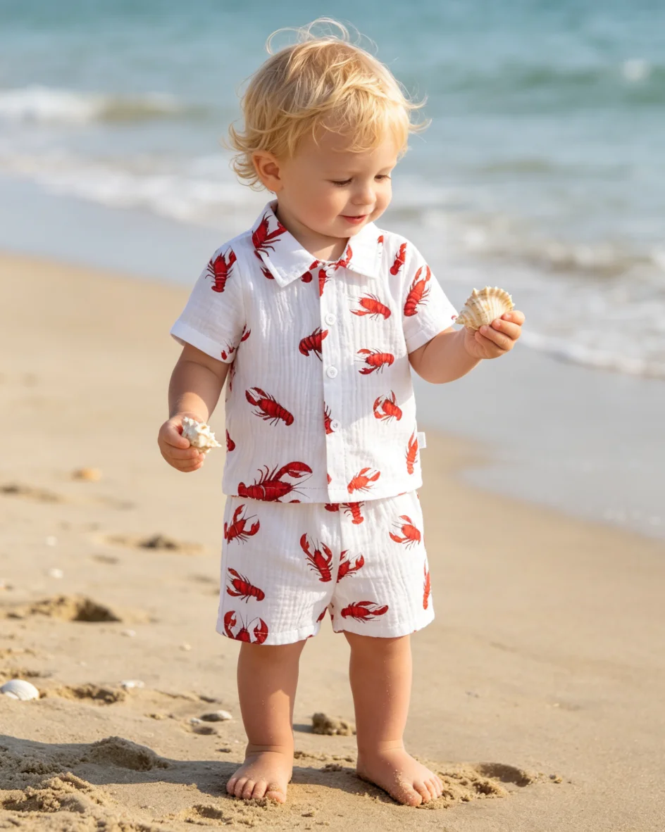 Baby Boy 2Pcs Summer Beach Set Lobster Print Short Sleeve Shirt Elastic Shorts Toddler Vacation Outfit