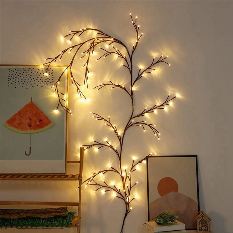 Lâmpada dobrável de vime de salgueiro AAAF 72LEDS, lâmpada decorativa de árvore de vime, luz noturna para parede de quarto interno e externo