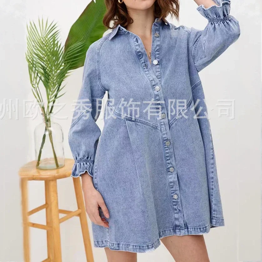 

Mini Y2k Dress Women Denim Vintage Summer Sexy Loose Waist Slim Beach Dresses Party Lantern Sleeve Blue Pink Vacation Vestidos