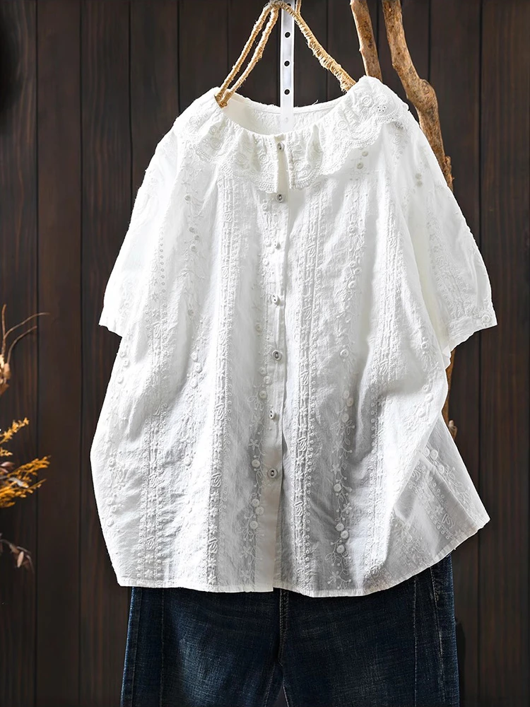 

Женская повседневная хлопковая рубашка, Новое поступление, лето 2029, винтажный стиль, женские топы с короткими рукавами и круглым вырезом с цветочной вышивкой, T633