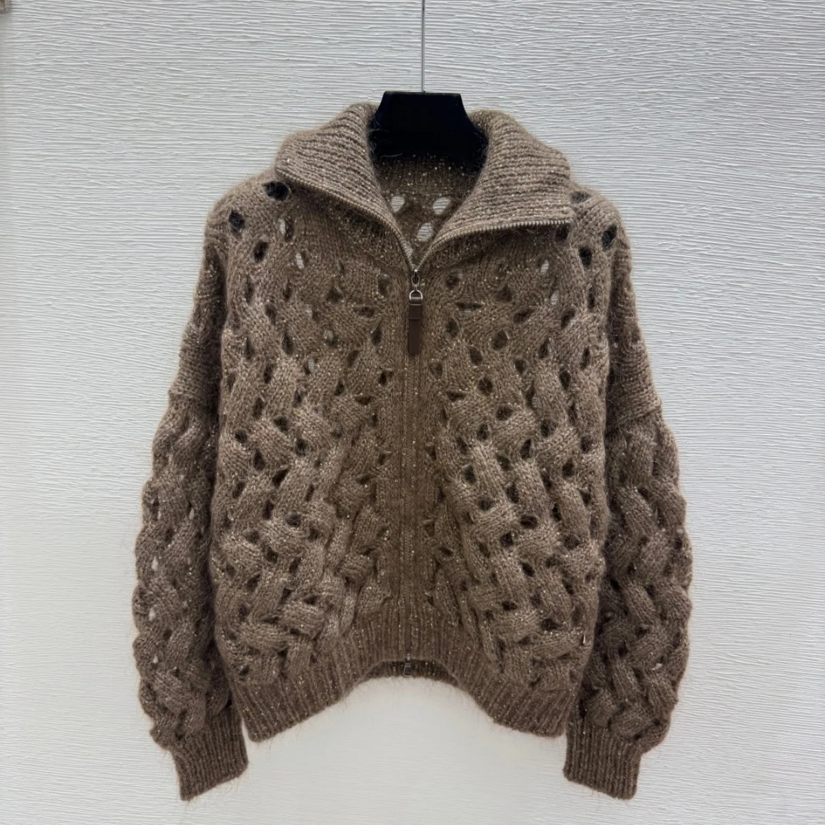 2026 High Quality Women's Coarse Thread Twisted Flower Hollow Zipper Knitted Jacket--26915161