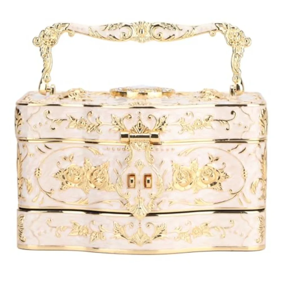 

Vintage Rectangular Jewelry Box 3 Layers Small Enameled Trinket Box Organizer for Women White