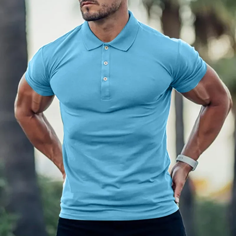 

Fashion Men's Solid Collar T-shirt Sport Short Sleeve Men's Shirt Casual Tshirt Fashion Button Collar Top Man Clothing Top