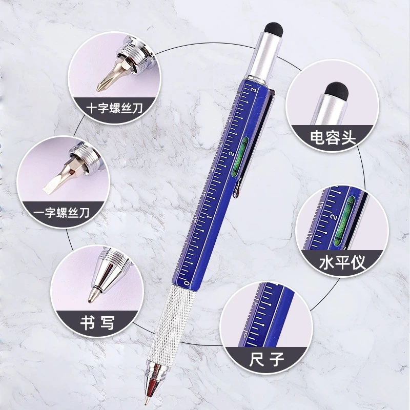 6 in1 Multifunction Ballpoint Pen with Modern Handheld Tool Measure Technical Ruler Screwdriver Touch Screen Stylus Spirit Level