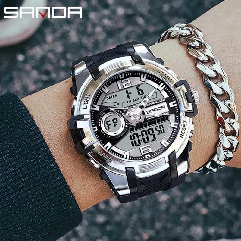 Sanda 6015 Fashion Alarm Mode Sports Hand Clock For Teenagers Multiple Functions Waterproof Luminous Analog Digital Wrist Watch