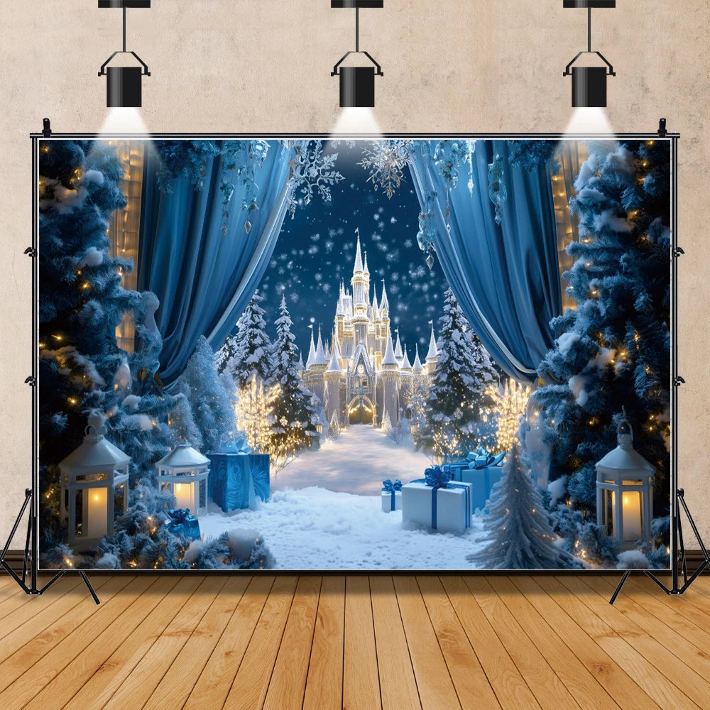 Winter Castle Background Christmas Gift Snowy Xmas Tree Princess Palace Birthday Party Photography Backdrop Photo Studio Props