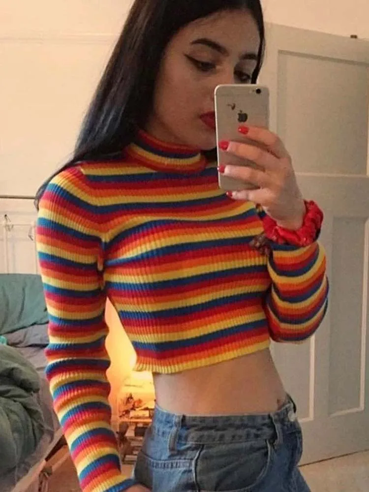 Striped Knitted Sweater Women Elegant Slim Rainbow Pullover Winter Fashion Sexy Short Knitwear Lady Turtleneck Long Sleeve Tops