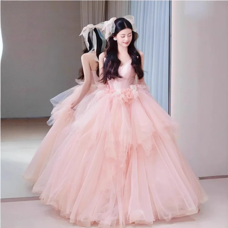 Evening Gown, Rose Fluffy Skirt, Princess, Bride, Wedding Toast, Morning Gown, Art Exam, Coming of Age Ceremony, Strapless Dress