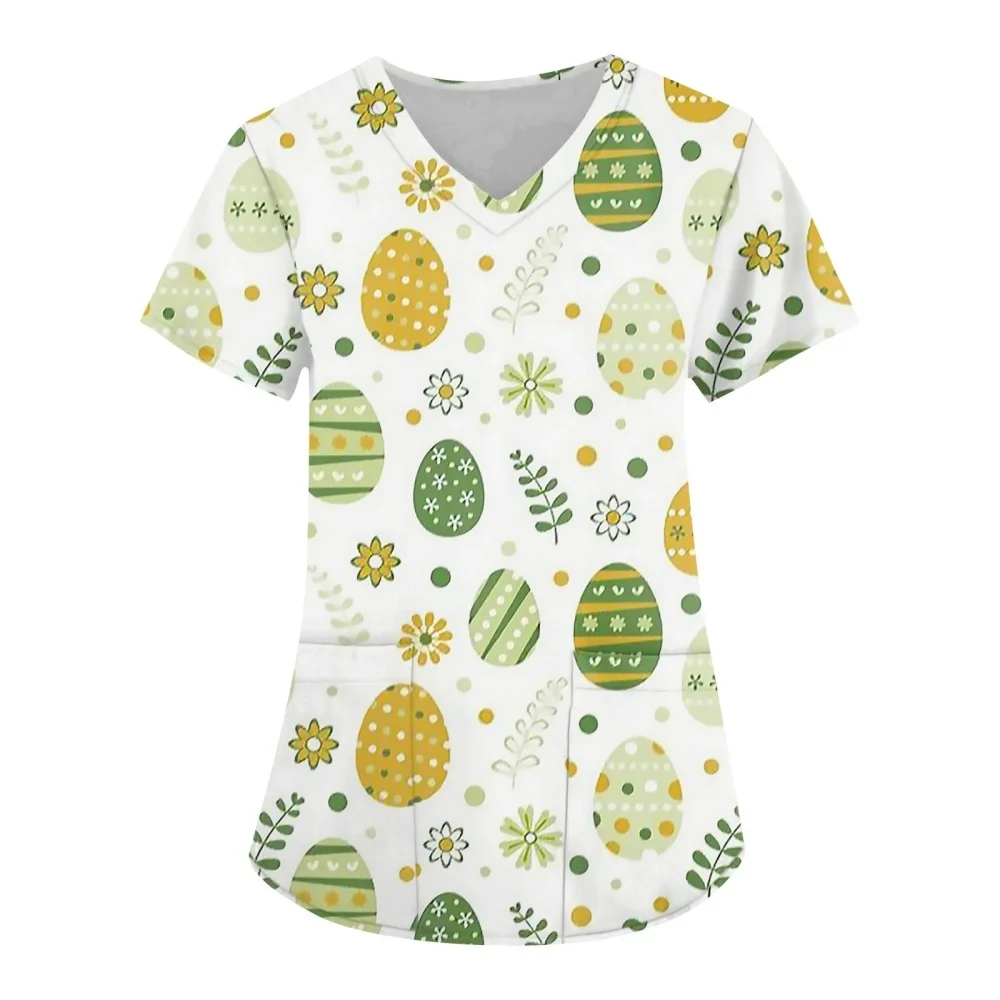 2025 Women Scrub Short Sleeve V-Neck Medical Uniform Tops Cartoon Working Nurse Uniform Christmas Thanksgiving Tshirt Enfermeria