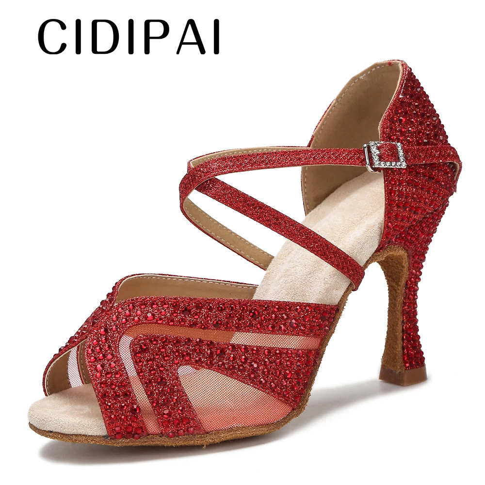 CIDIPAI Red Dance Shoes For Woman Silver Latin Dance Shoes Whit Rhinestones Soft Bottom Ballroom Dance Hight Heels Party Sandals