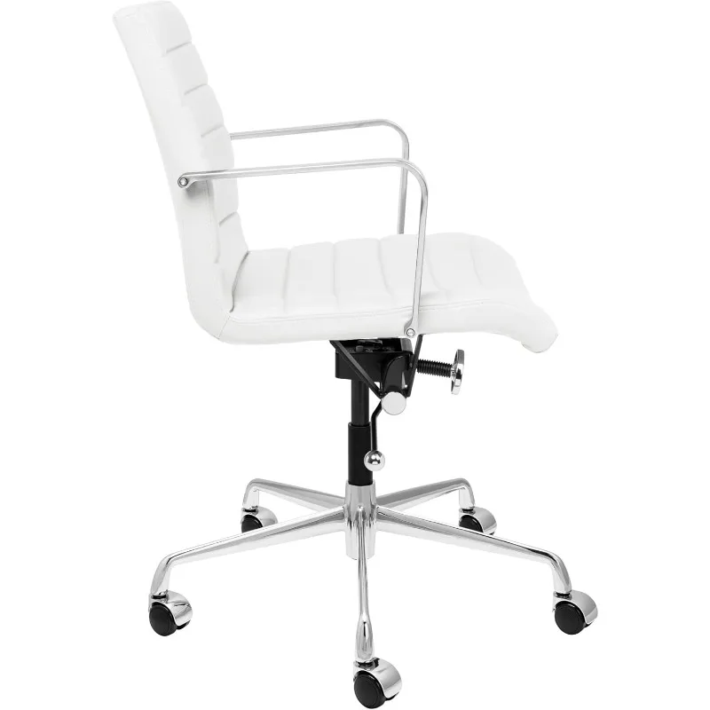 Ribbed Office Chair - Mid Back Desk Chair, Ergonomically Designed with Arm Rest & Swivel, Made of Faux Leather, White,