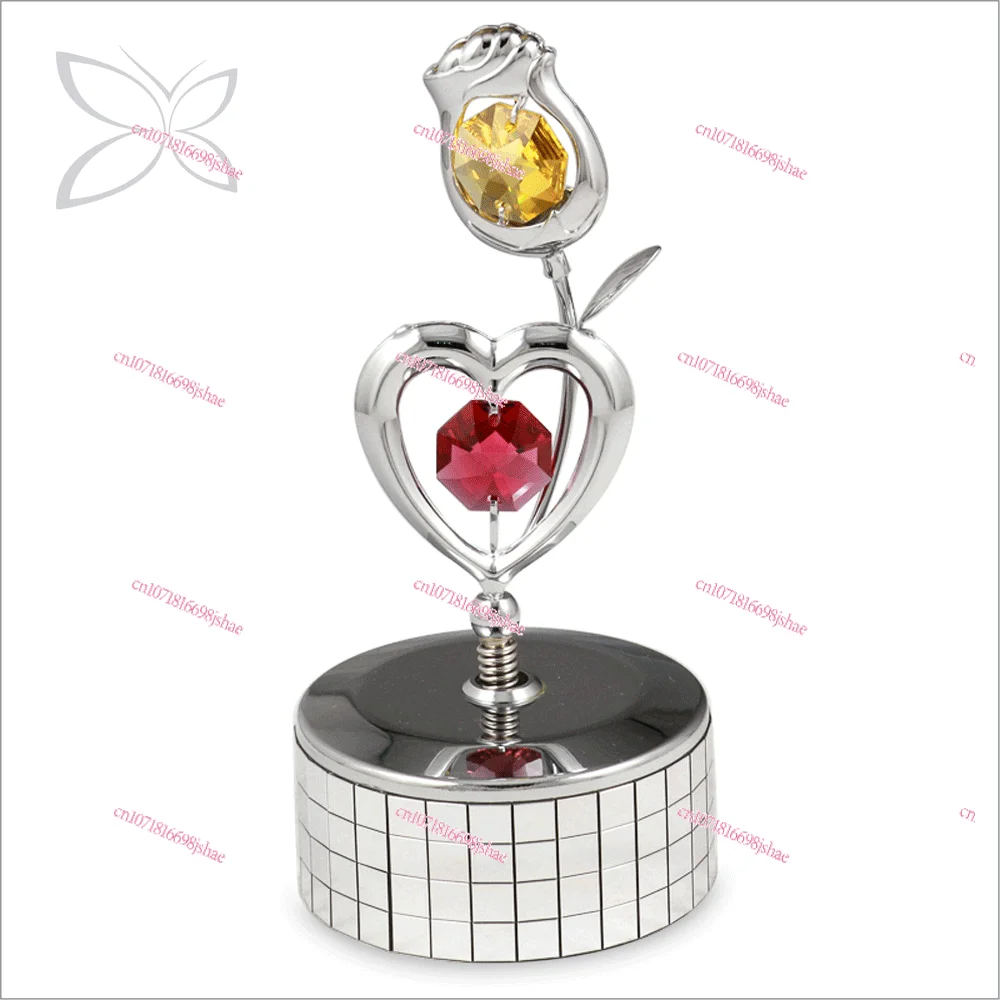 Crystal Chrome Metal Love Heart Decorated with Splendid Cutting Crystal Music Box