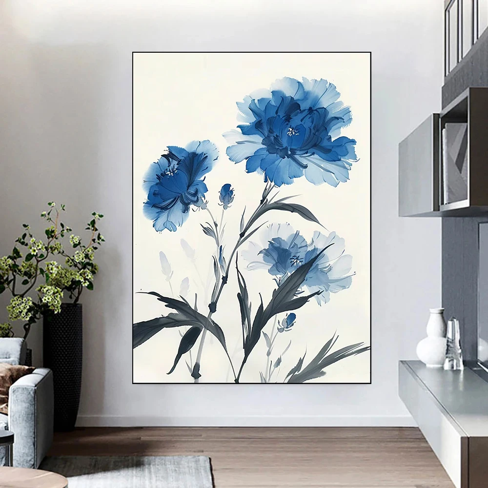 Pure Hand Drawn Minimalist Ink Painting With Carnations And Chrysanthemums,Home Decoration Canvas Wall Art