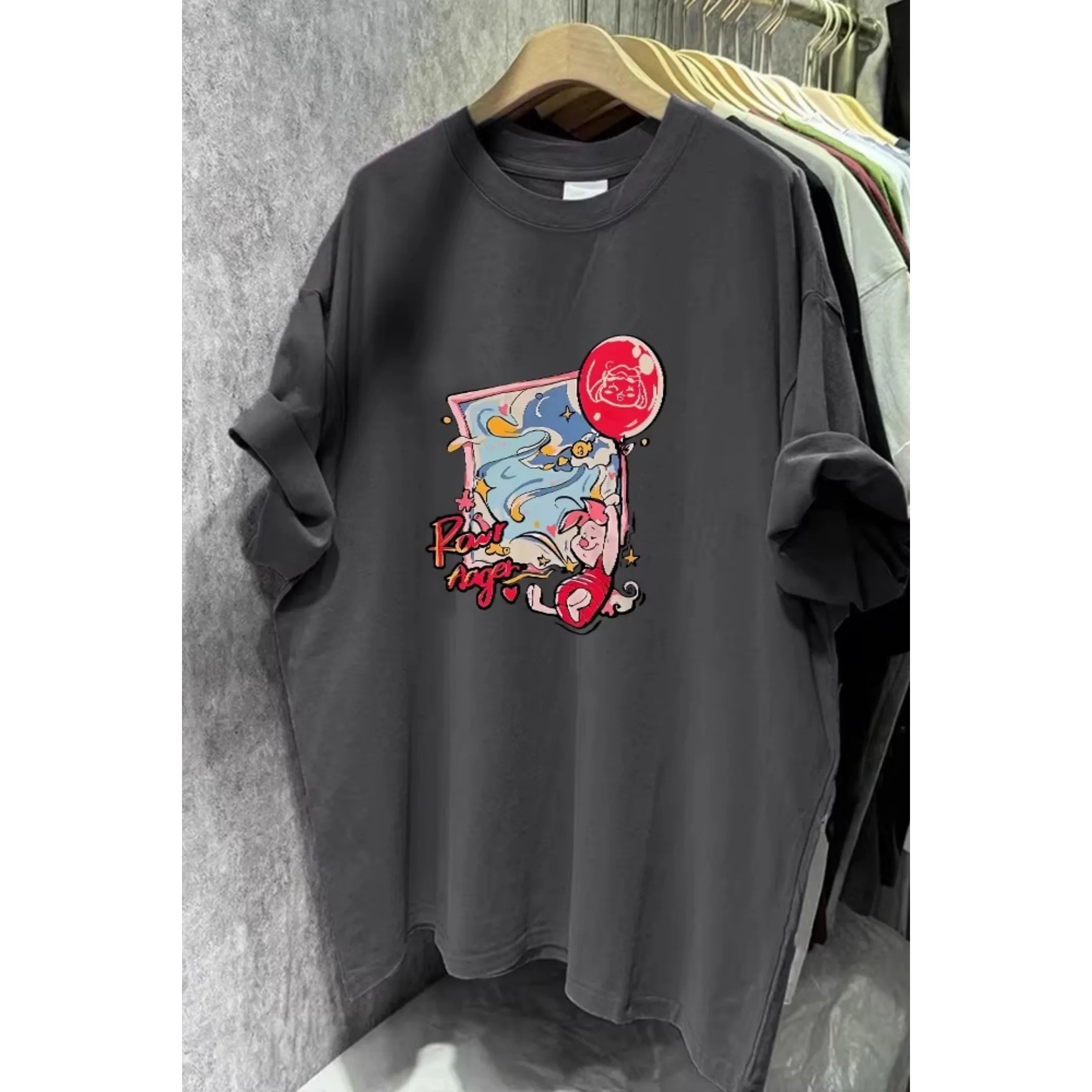 Camiseta de algodão puro de manga curta, folgada, para homens e mulheres, respirável, casual, com estampa de desenho animado,...