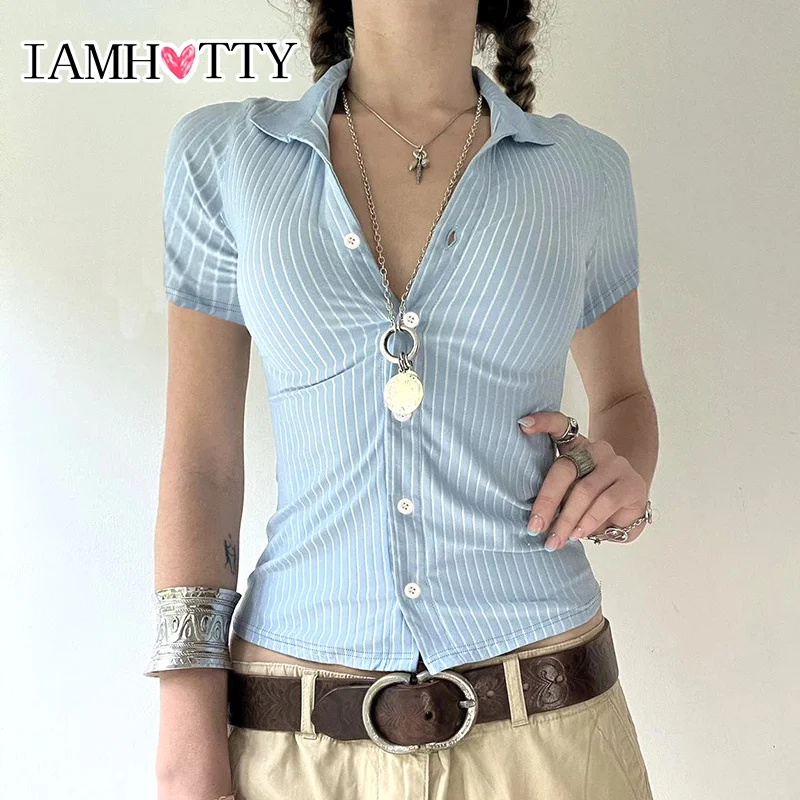 IAMHOTTY Y2K Top abbottonato a righe donna Chic elegante camicia a maniche corte aderente camicette Casual di base Vintage Streetwear