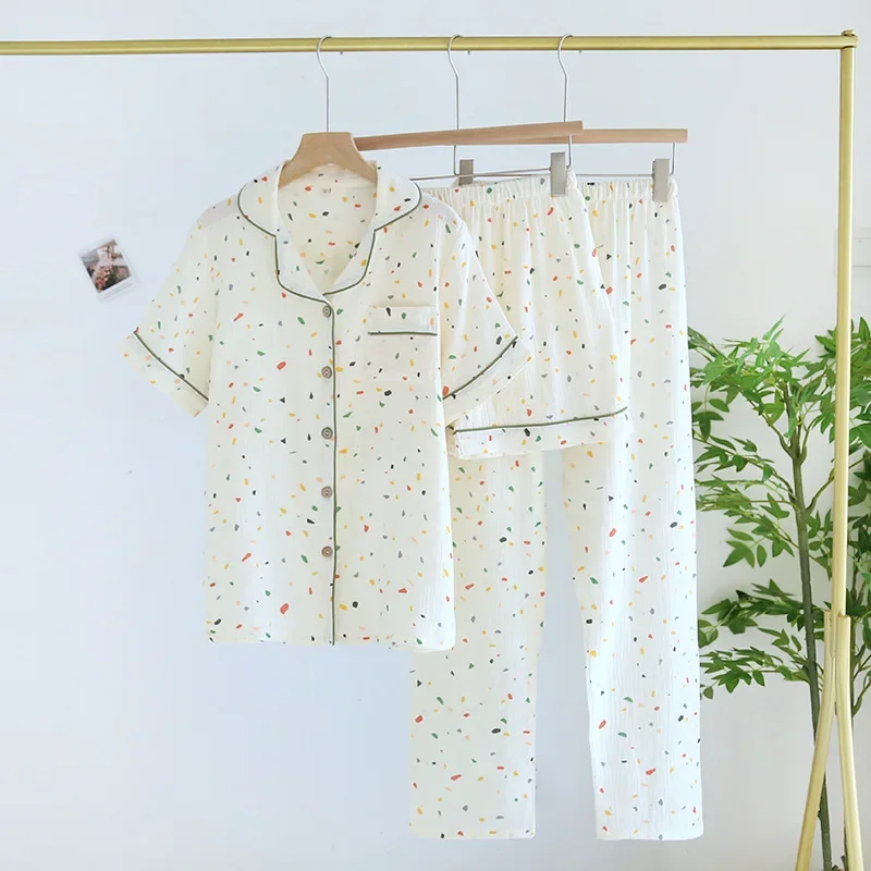 2025 Spring/Summer New Women's Pajamas Three Piece Set 100% Pure Cotton Crepe Thin Short Sleeves+Shorts+Long Pants Home Fury