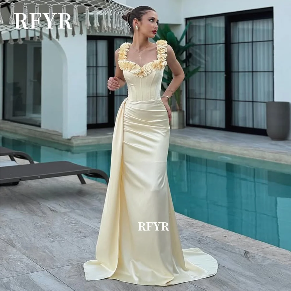 

RFYR Mermaid Prom Dress 3D Flowers Evening Dress Off Shoulder Party Dress Lace Up Back Gala vestidos de fiesta Customized